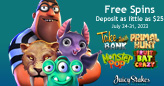 Juicy Stakes Players Can Get 50 Free Spins with  a $25 Deposit or 100 Free Spins with a $50 Deposit All players get 25 free Blackjack bets July 24th to 30th
